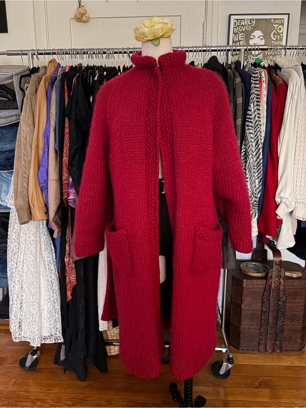 Vtg 80s Red Heavy Knit Long Zip Up Sweater Jacket Pockets Cottagecore READ
